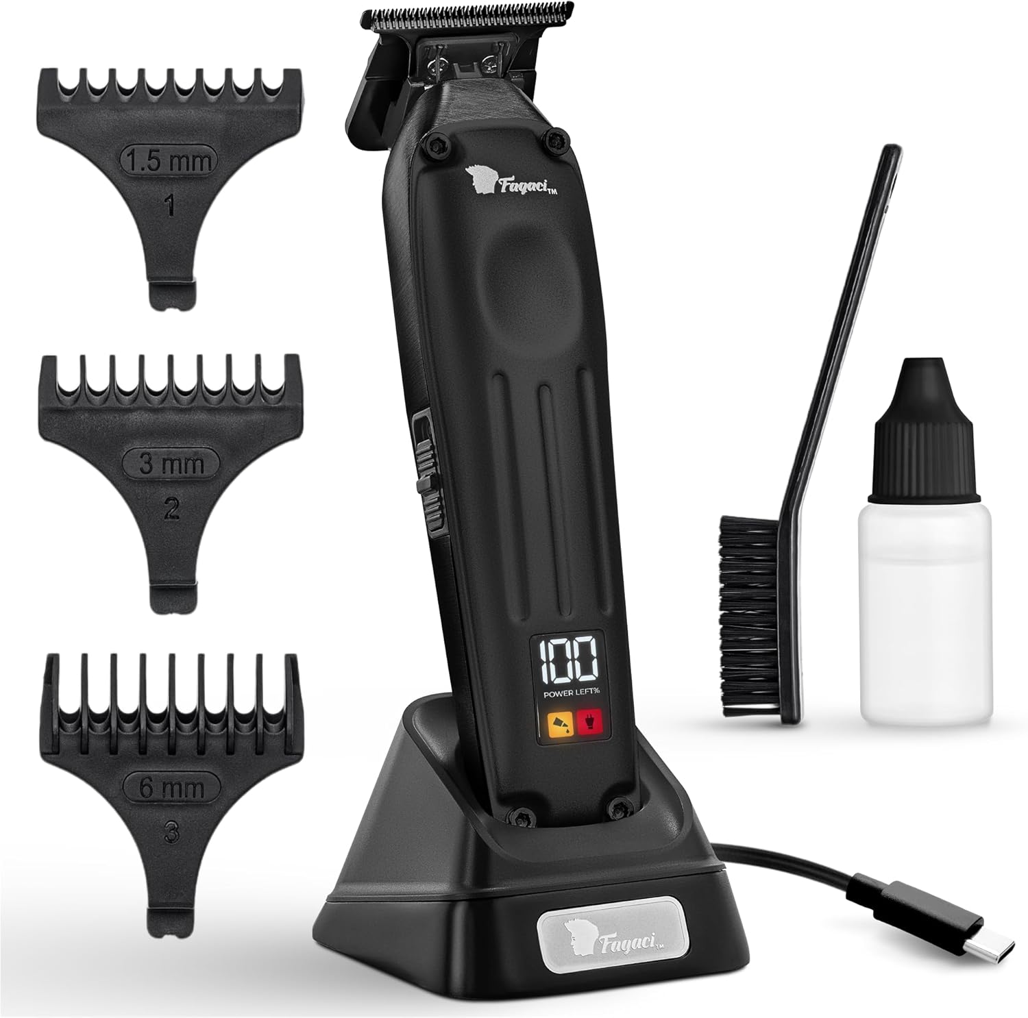 Fagaci professional zero gapped cordless trimmer front view highlighting sleek metal body design