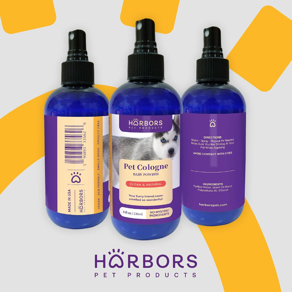 Long lasting baby powder fragrance pet spray for professional grooming results.