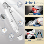 White electric dog nail trimmer showing dual bright LED lights illuminating the claw.