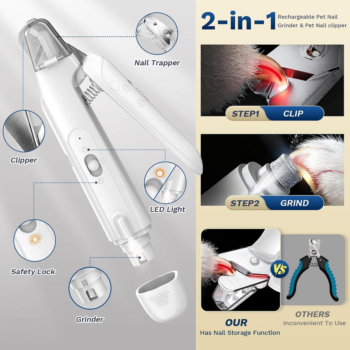 White electric dog nail trimmer showing dual bright LED lights illuminating the claw.