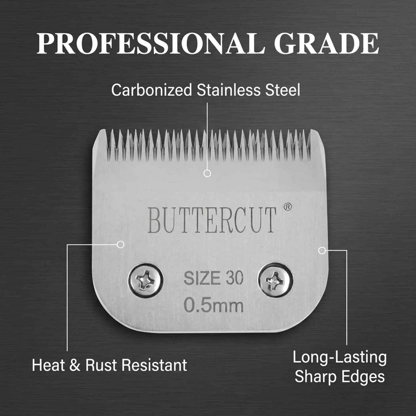 Geib Buttercut professional pet grooming blades neatly arranged showcasing different cut lengths.