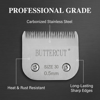 Geib Buttercut professional pet grooming blades neatly arranged showcasing different cut lengths.