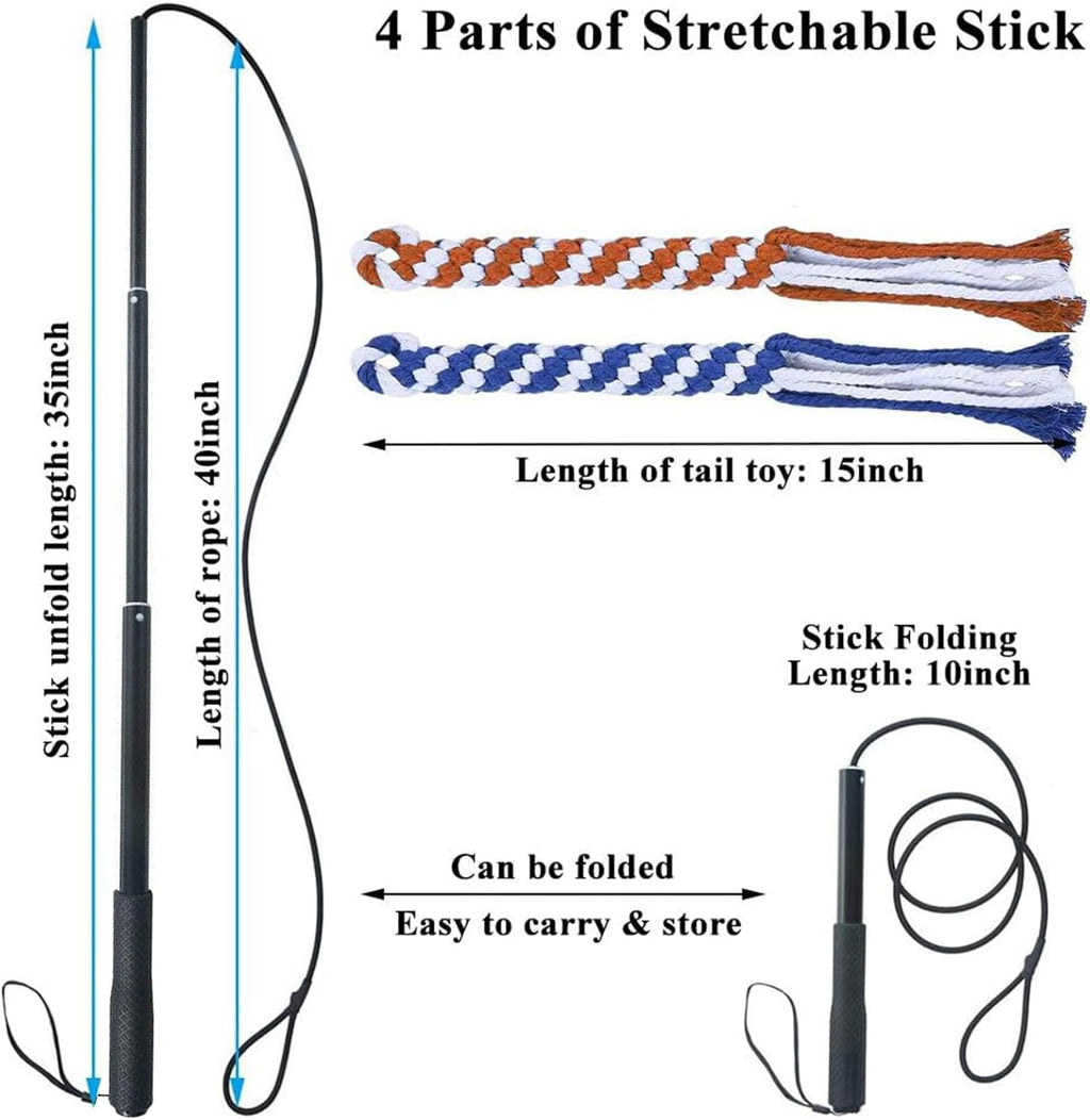 ASOCEA dog flirt pole fully extended to thirty-five inches with attached blue cotton chew tail toy