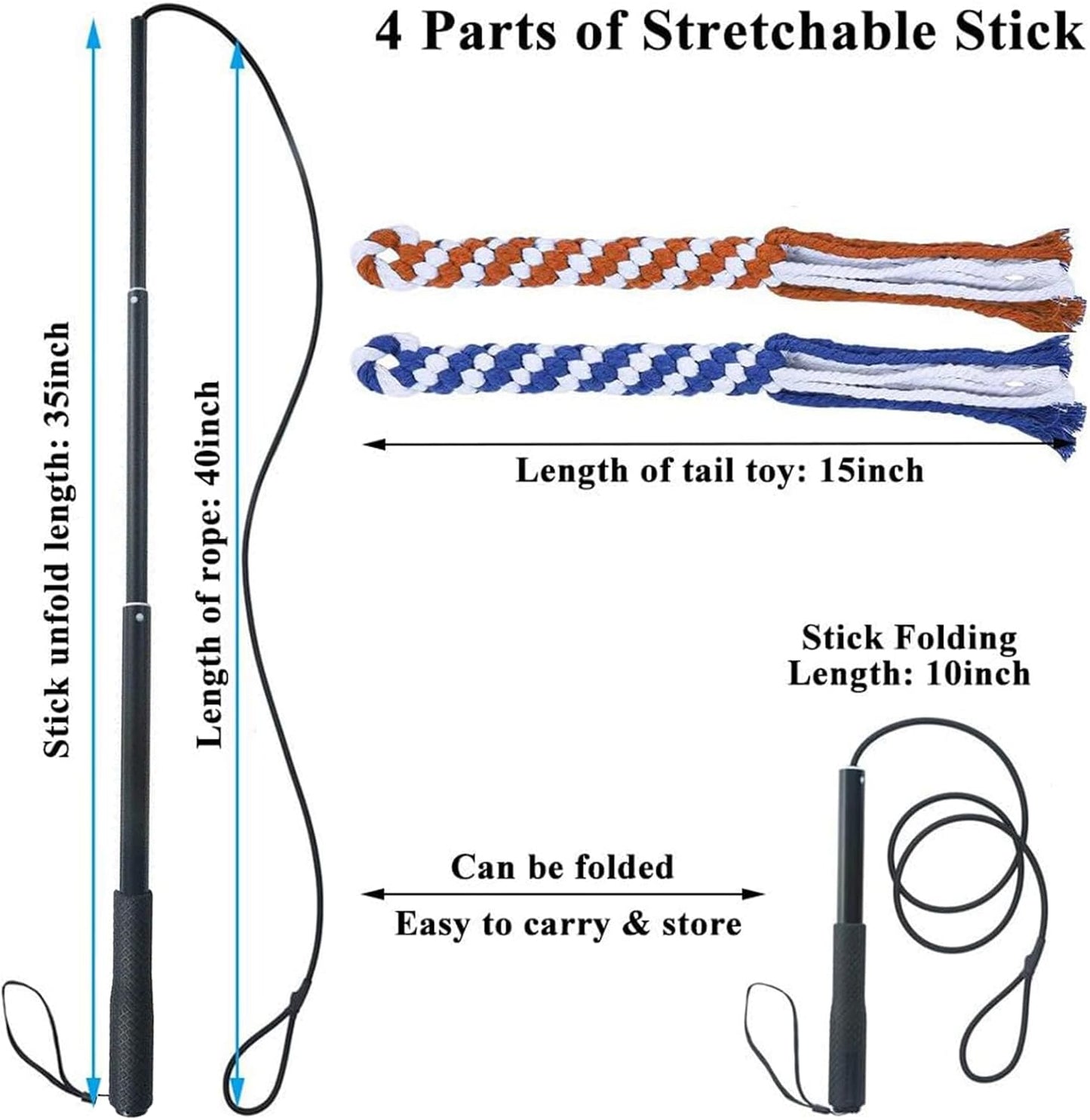 ASOCEA dog flirt pole fully extended to thirty-five inches with attached blue cotton chew tail toy