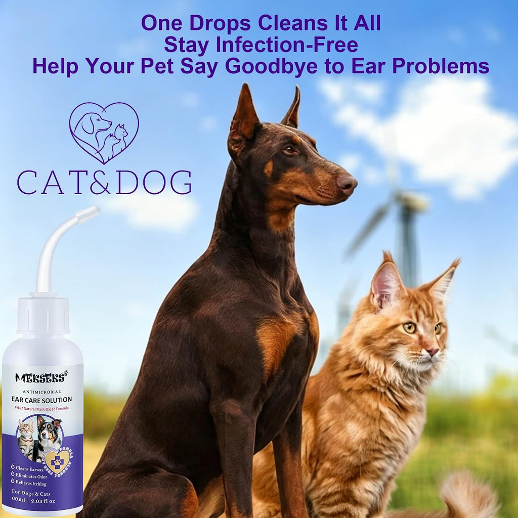 Instructions and bottle of Mekseks pet ear cleaning solution