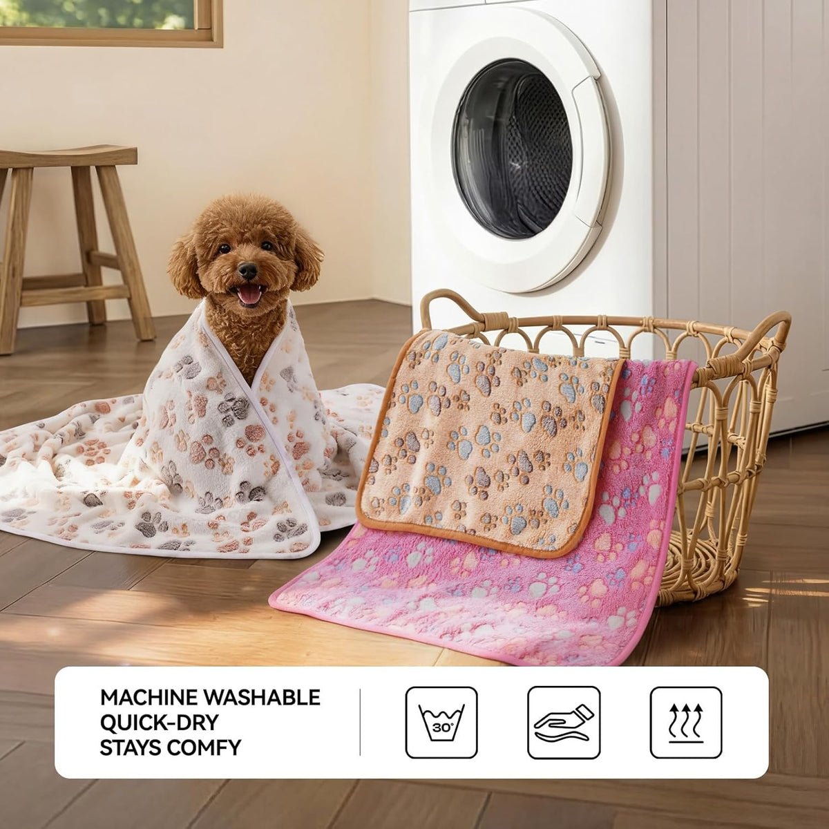 Three pieces of LINENLUX puppy blankets neatly folded showing the color variants.