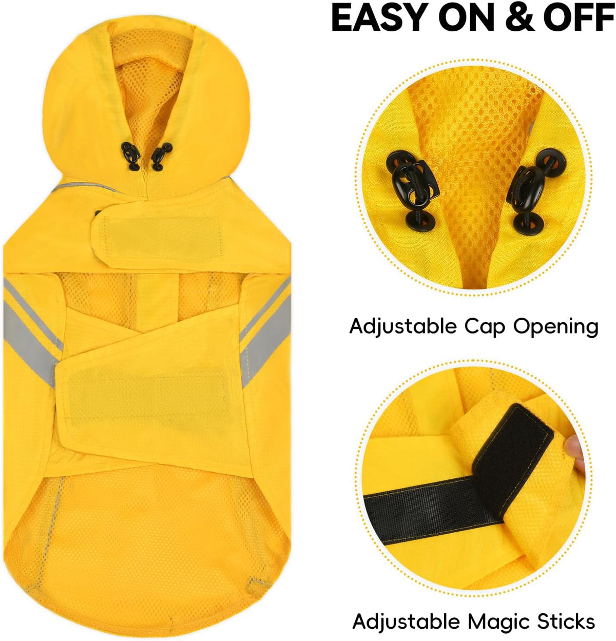 Vivaglory yellow dog raincoat two way zipper leash hole close up
