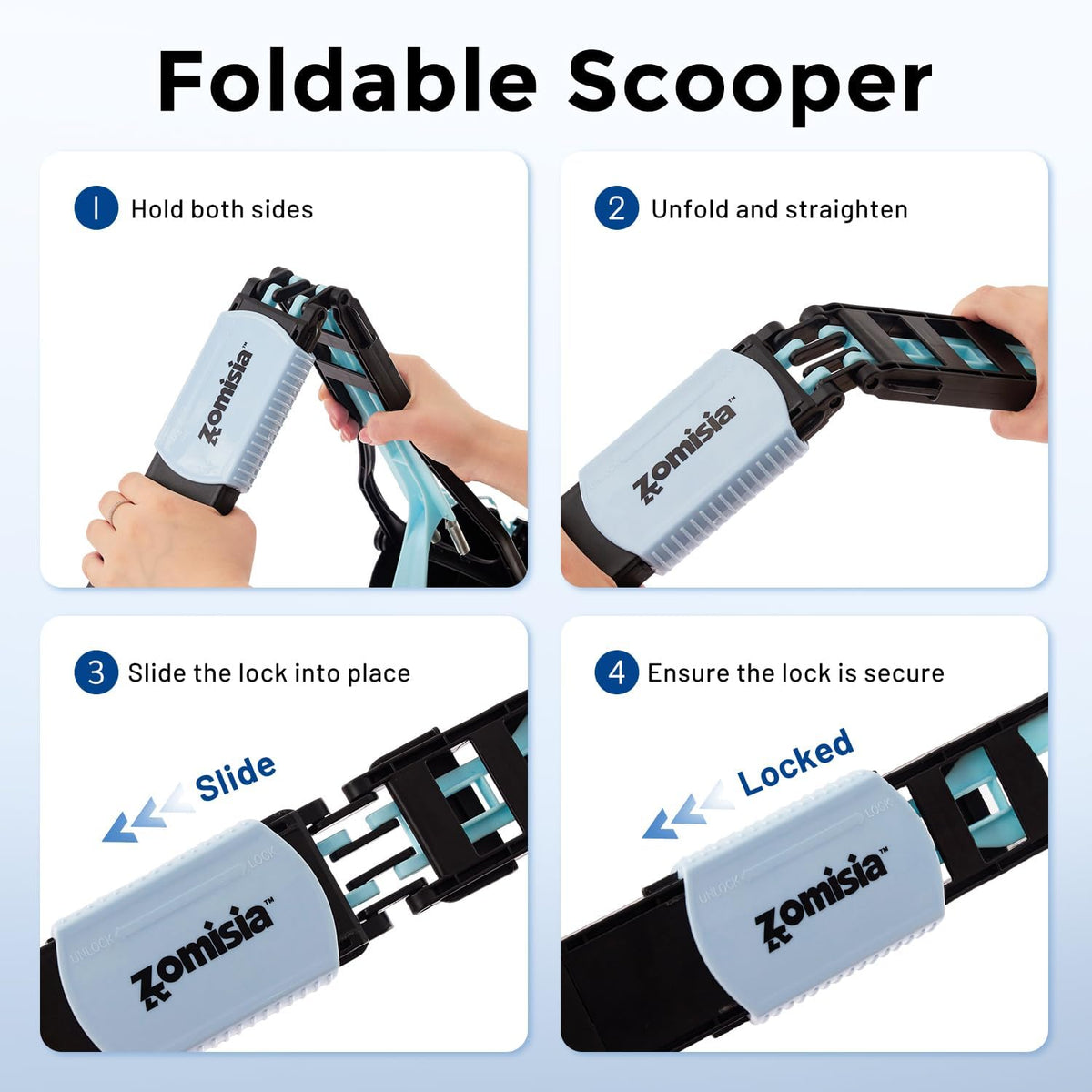 Ergonomic handle and squeeze grip of ZOMISIA non breakable pet scooper