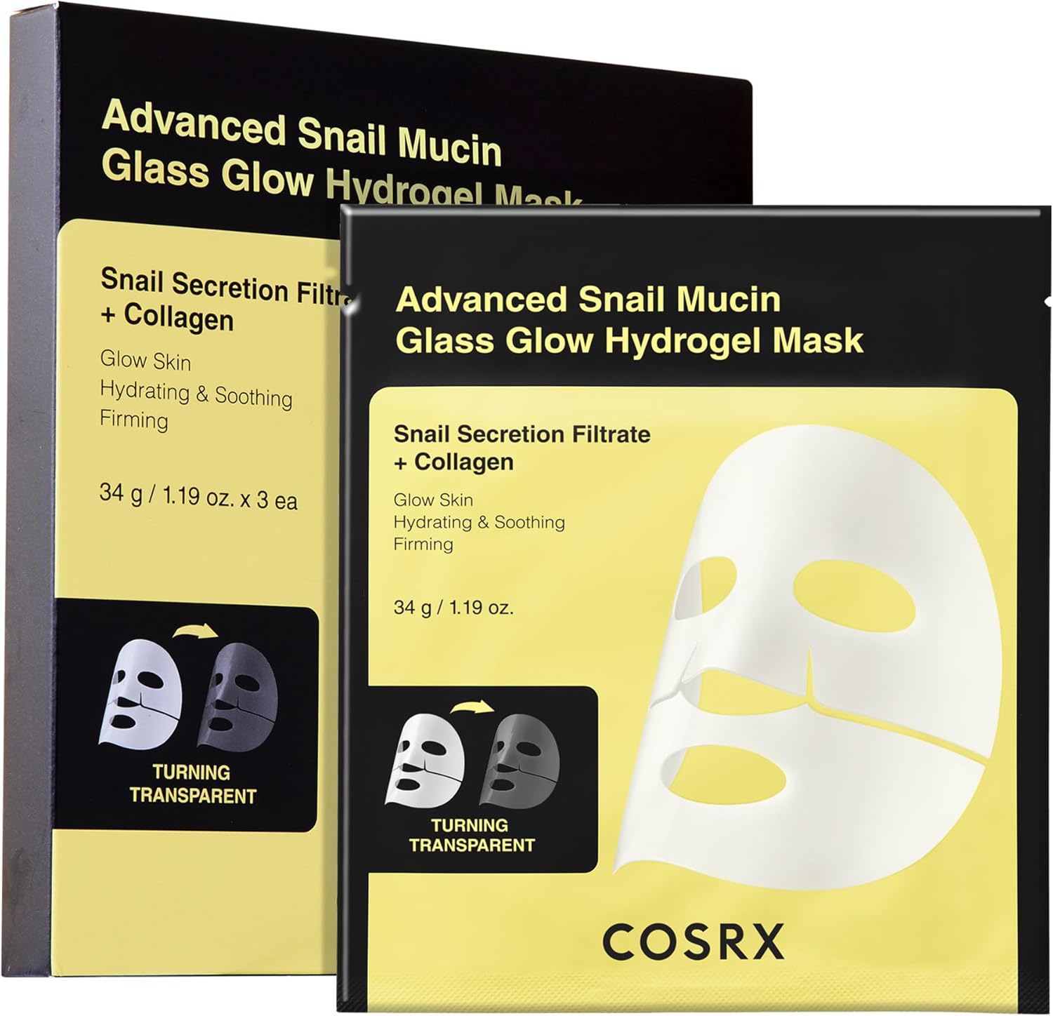 COSRX Advanced Snail Mucin Glass Glow Hydrogel Mask front packaging view showcasing authentic Korean skincare design.