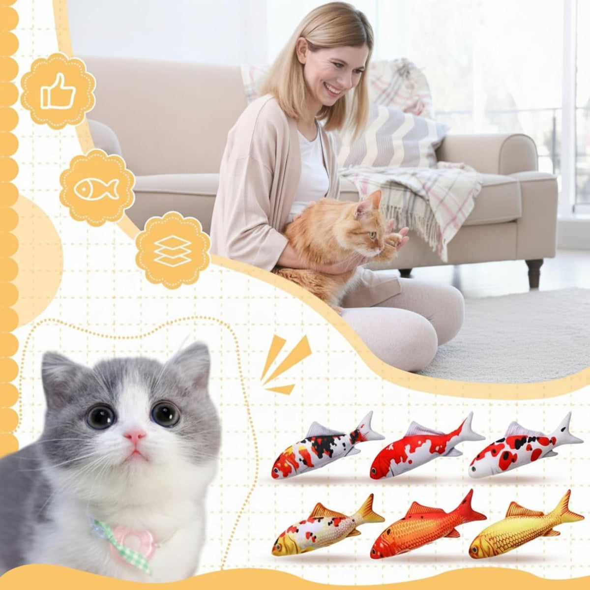 Barydat 12 inch realistic fish stuffed animal being used as a cat kicker toy