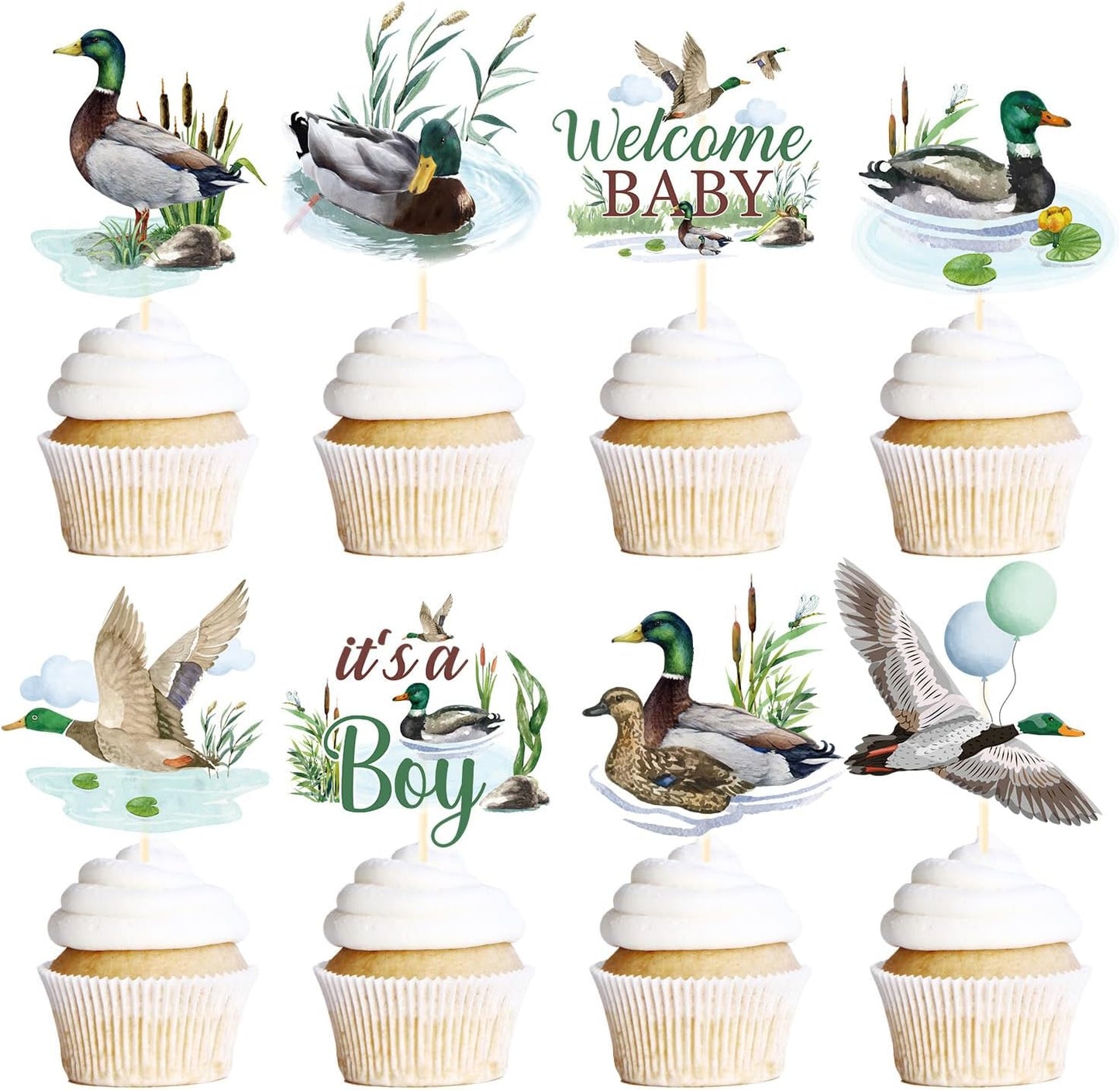 Rakuto Mallard Duck baby shower cupcake toppers set front view