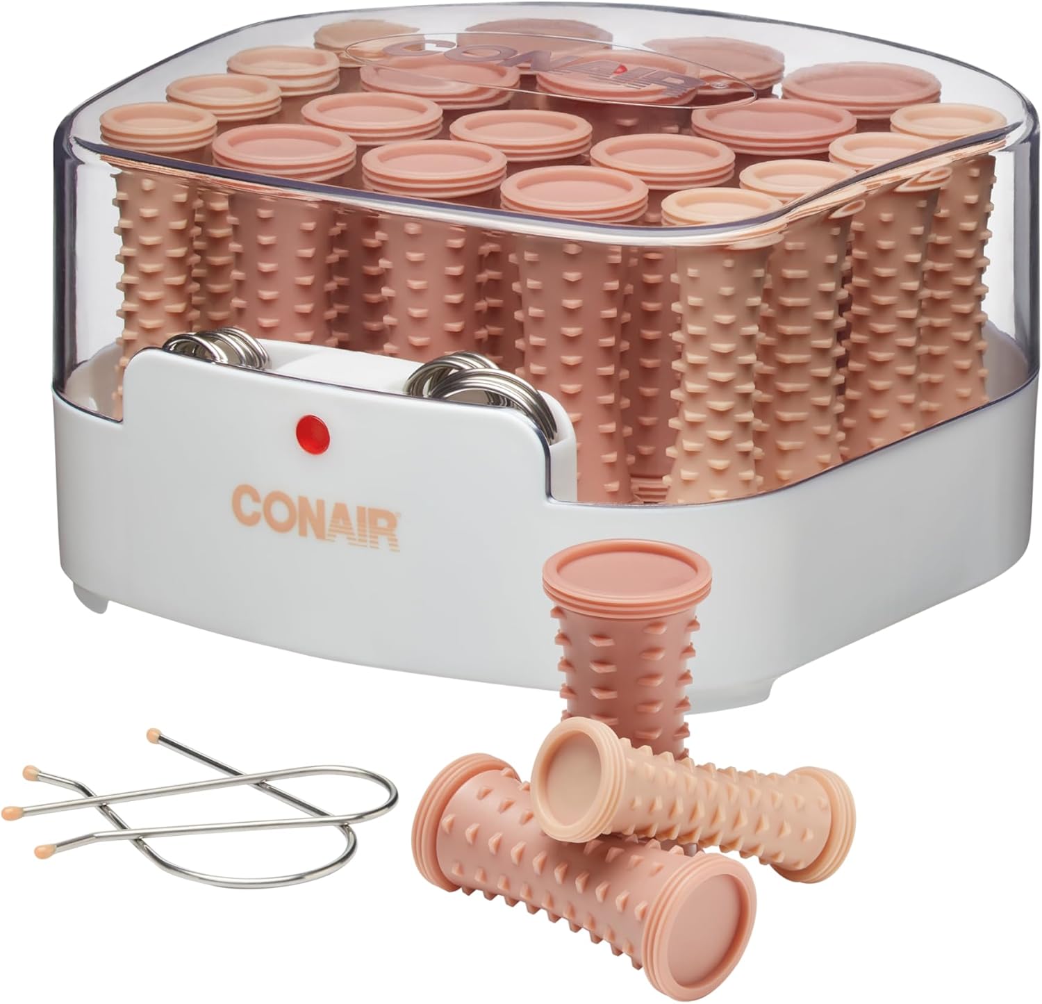 Conair Double Ceramic Hot Rollers compact hairsetter front view showcasing pink rollers inside the heating base.