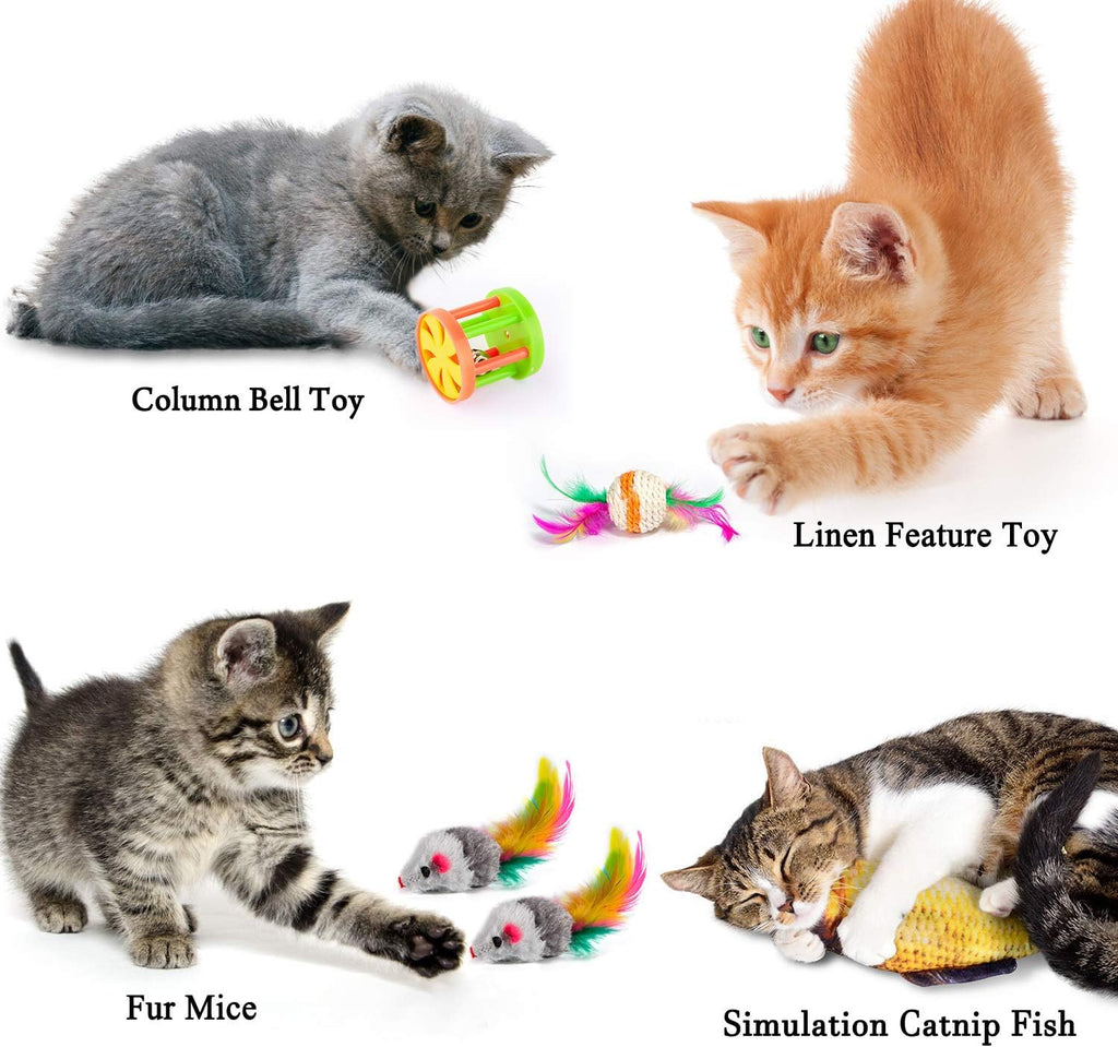 Assorted colorful crinkle balls bells and fluffy mice toys in a collection