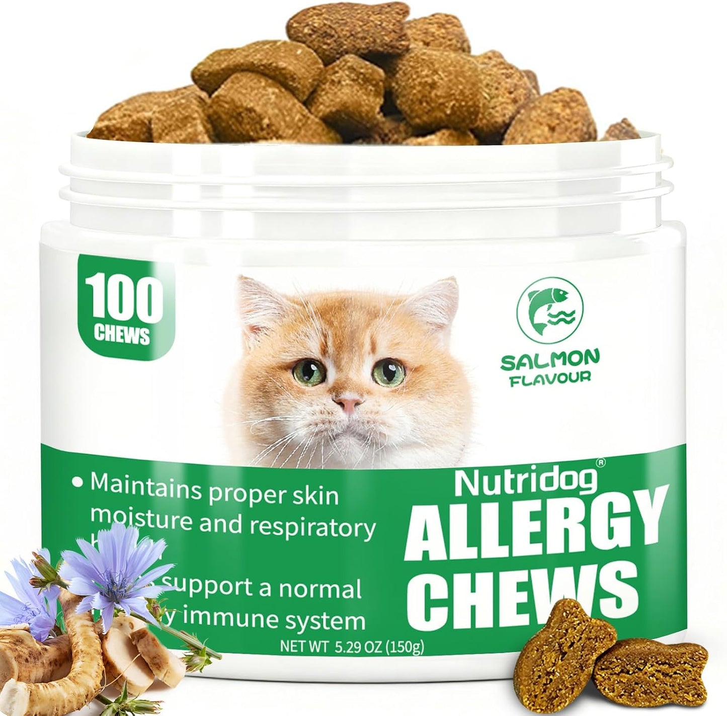 Carmelie Cat Allergy Relief Chews front view packaging showcasing salmon flavor soft treats for feline immune support.