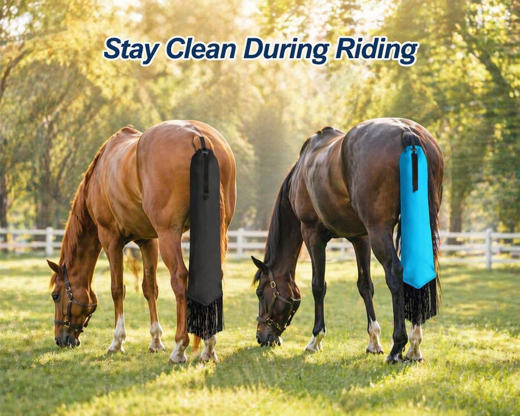 Fringe detailed horse tail wrap demonstrating the integrated fly swatter motion effect.