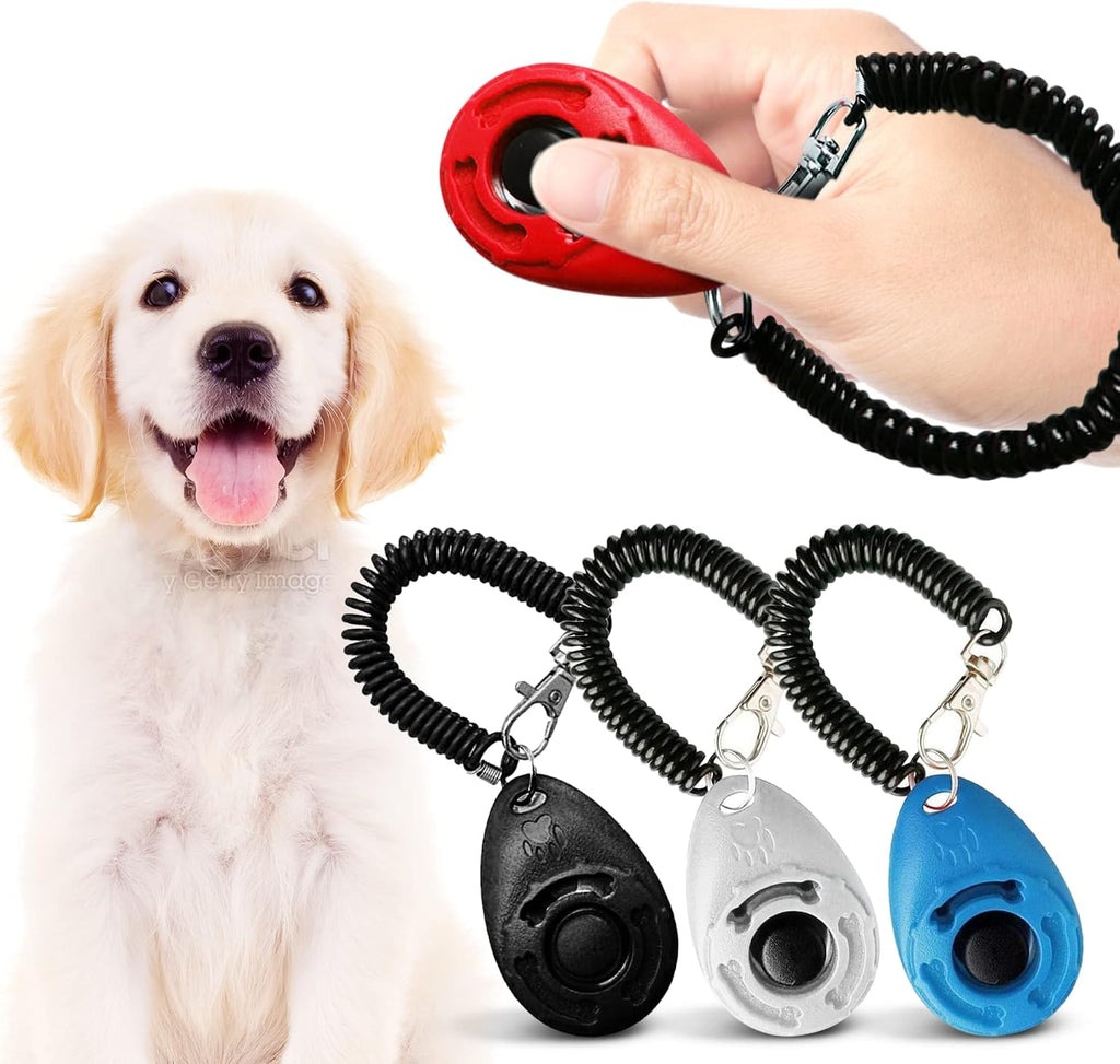 Pack of four colorful SunGrow pet clickers in red blue white and black.