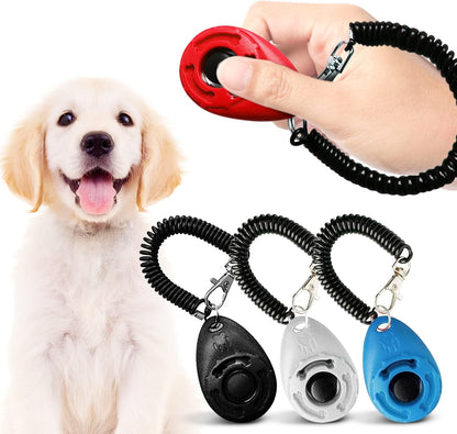 Pack of four colorful SunGrow pet clickers in red blue white and black.