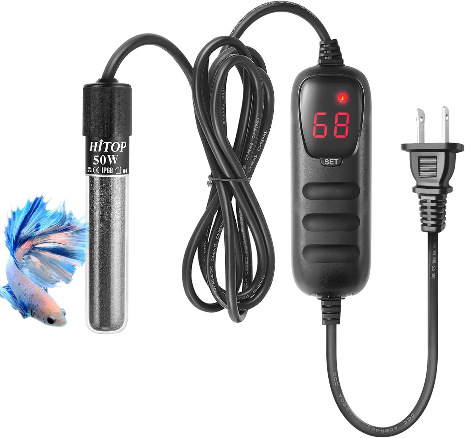 Hitop 50W mini submersible aquarium heater front view with digital controller