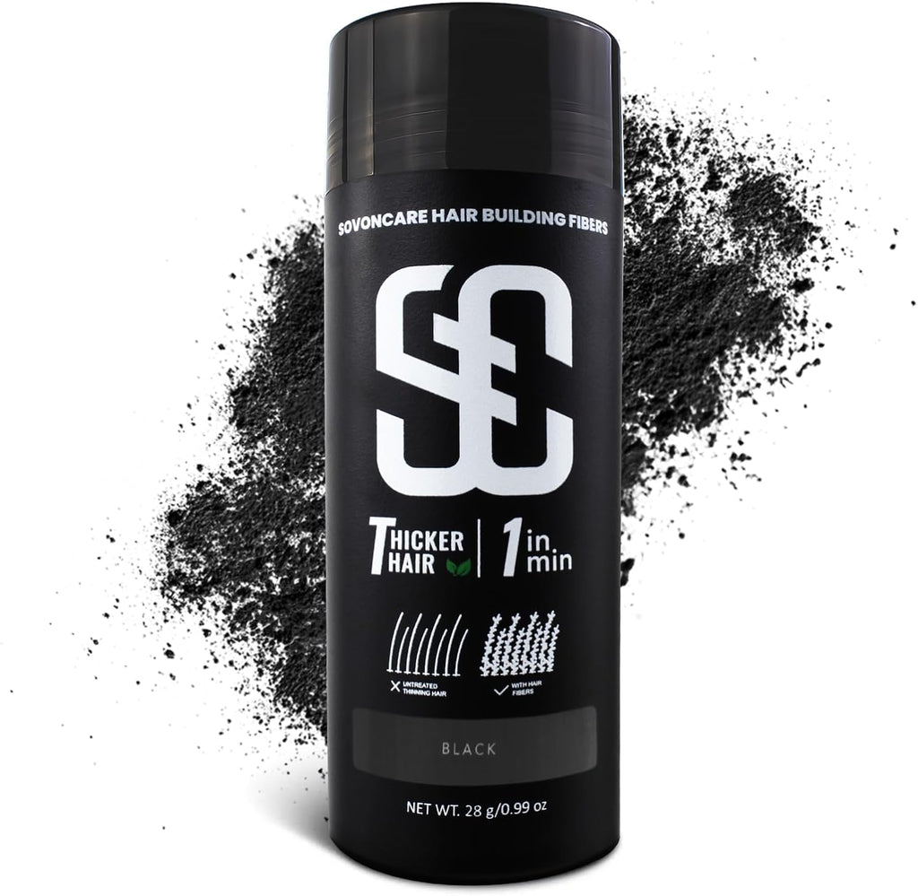 Sovoncare hair building fibers black front view bottle packaging