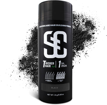 SOVONCARE Hair Building Fibers Black 28 grams front view bottle for thinning hair concealment