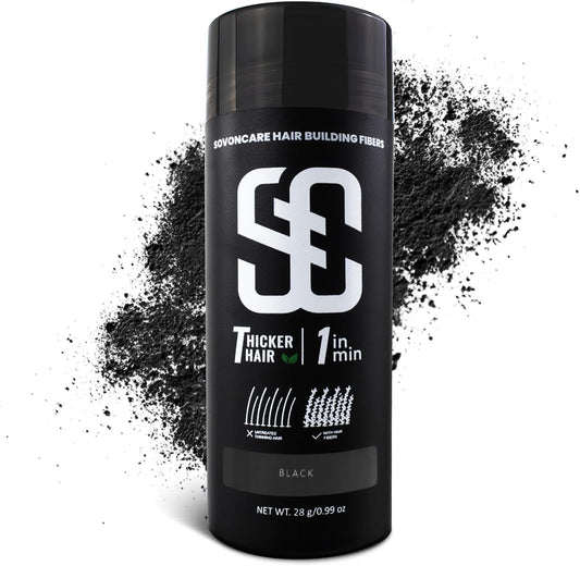 SOVONCARE Hair Building Fibers Black 28 grams front view bottle for thinning hair concealment