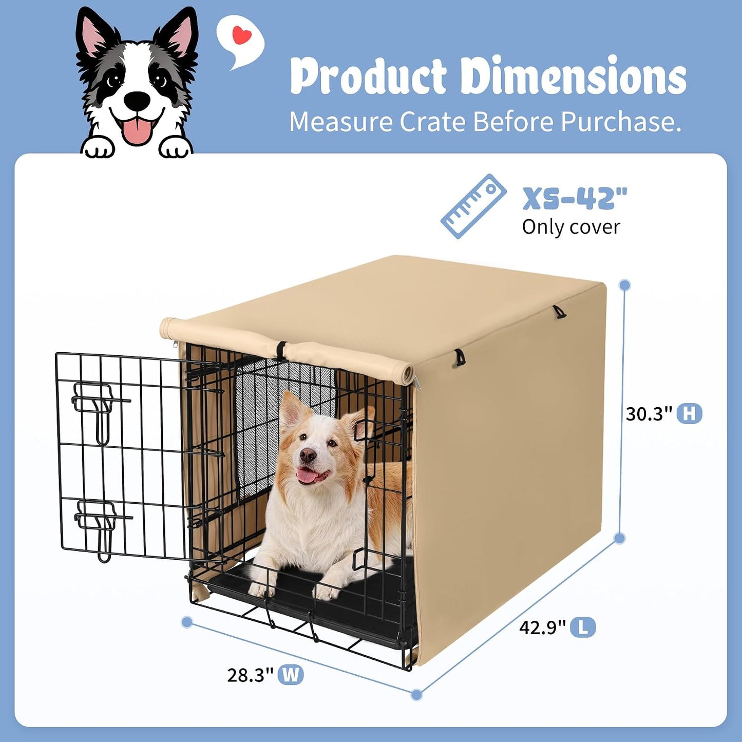 Akinerri Dog Crate Cover with Mesh Window, Double Door Waterproof Pet Kennel Cover, Durable 600D Polyester Protective Cage Cover for 42 Inch Dog Crate - Beige - Image 9