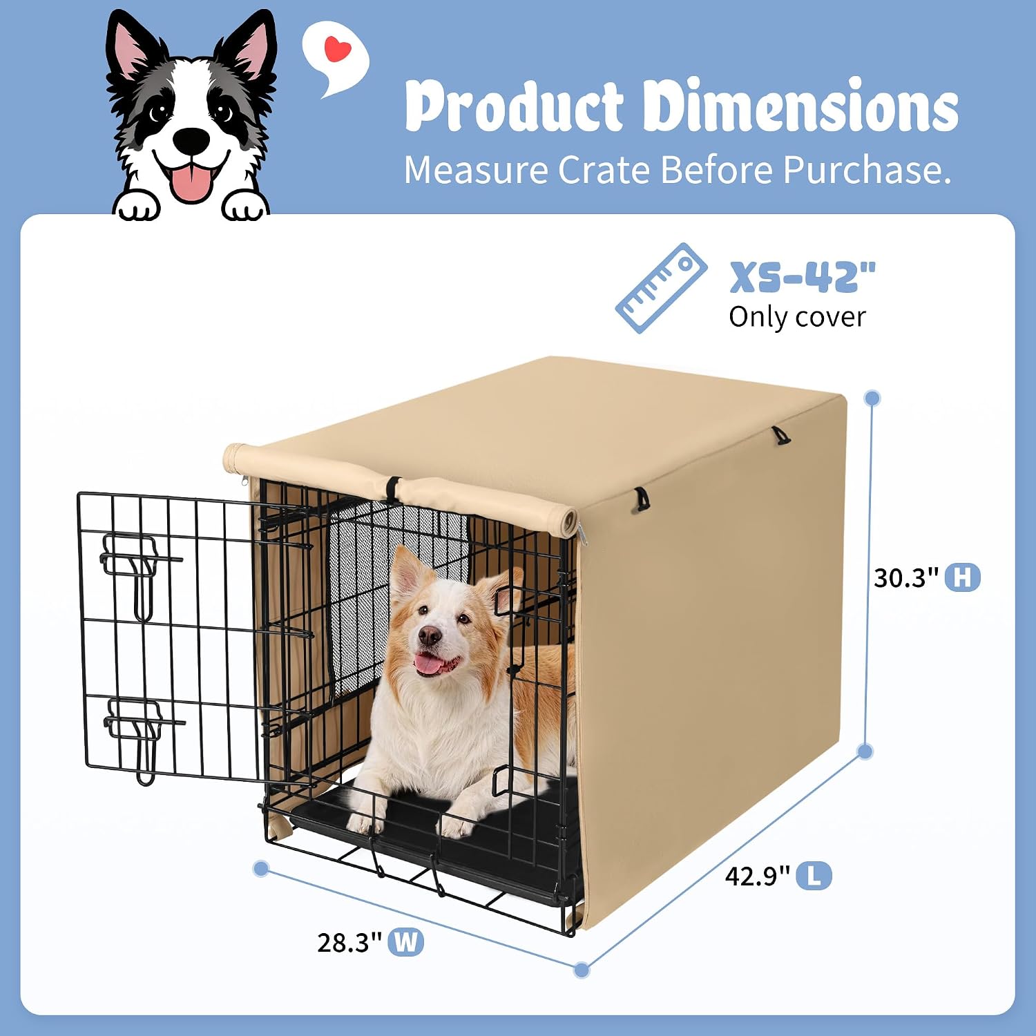 Akinerri Dog Crate Cover with Mesh Window, Double Door Waterproof Pet Kennel Cover, Durable 600D Polyester Protective Cage Cover for 42 Inch Dog Crate - Beige - Image 9