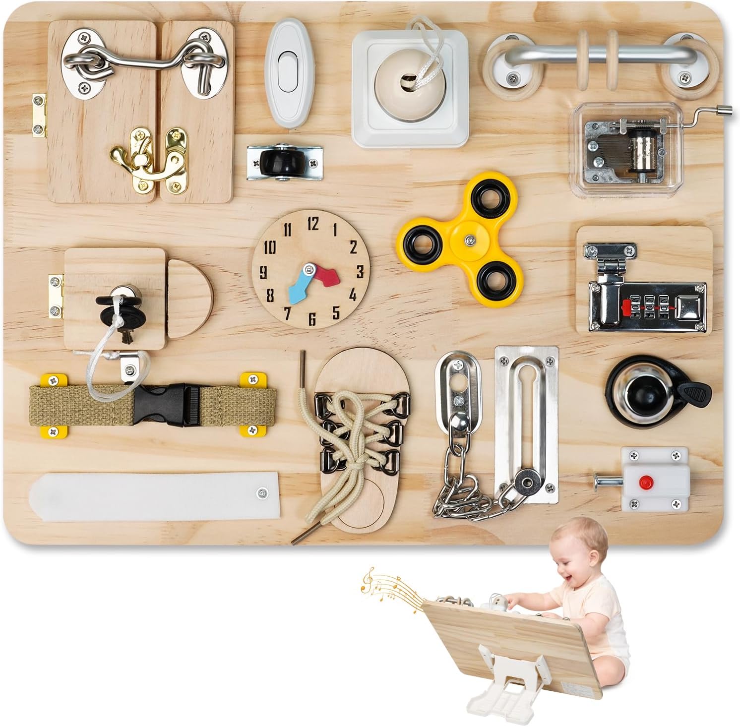 Azoravio Montessori busy board front view showing wooden sensory activities for toddlers