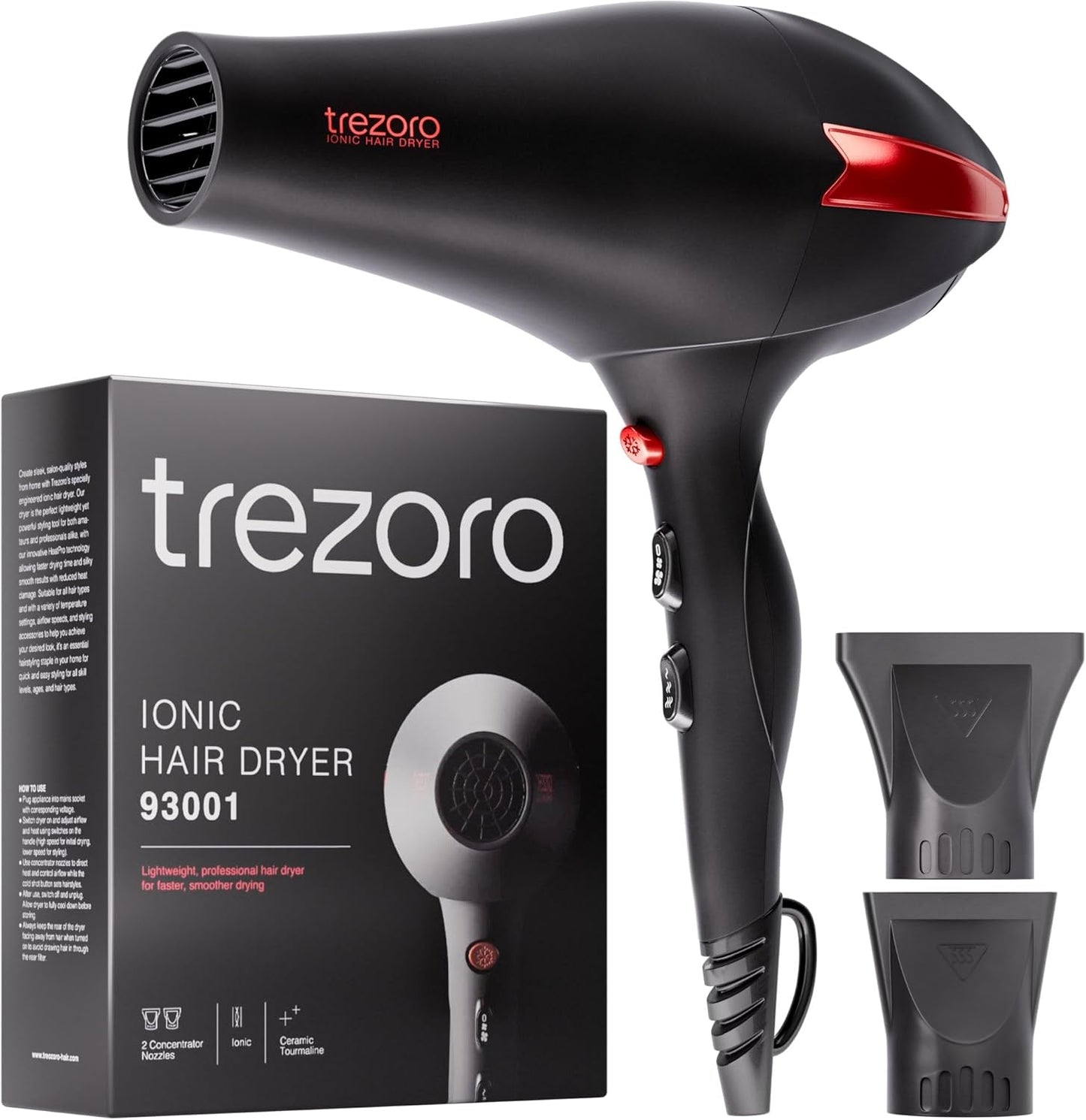 TREZORO professional ionic hair dryer front view in matte black finish
