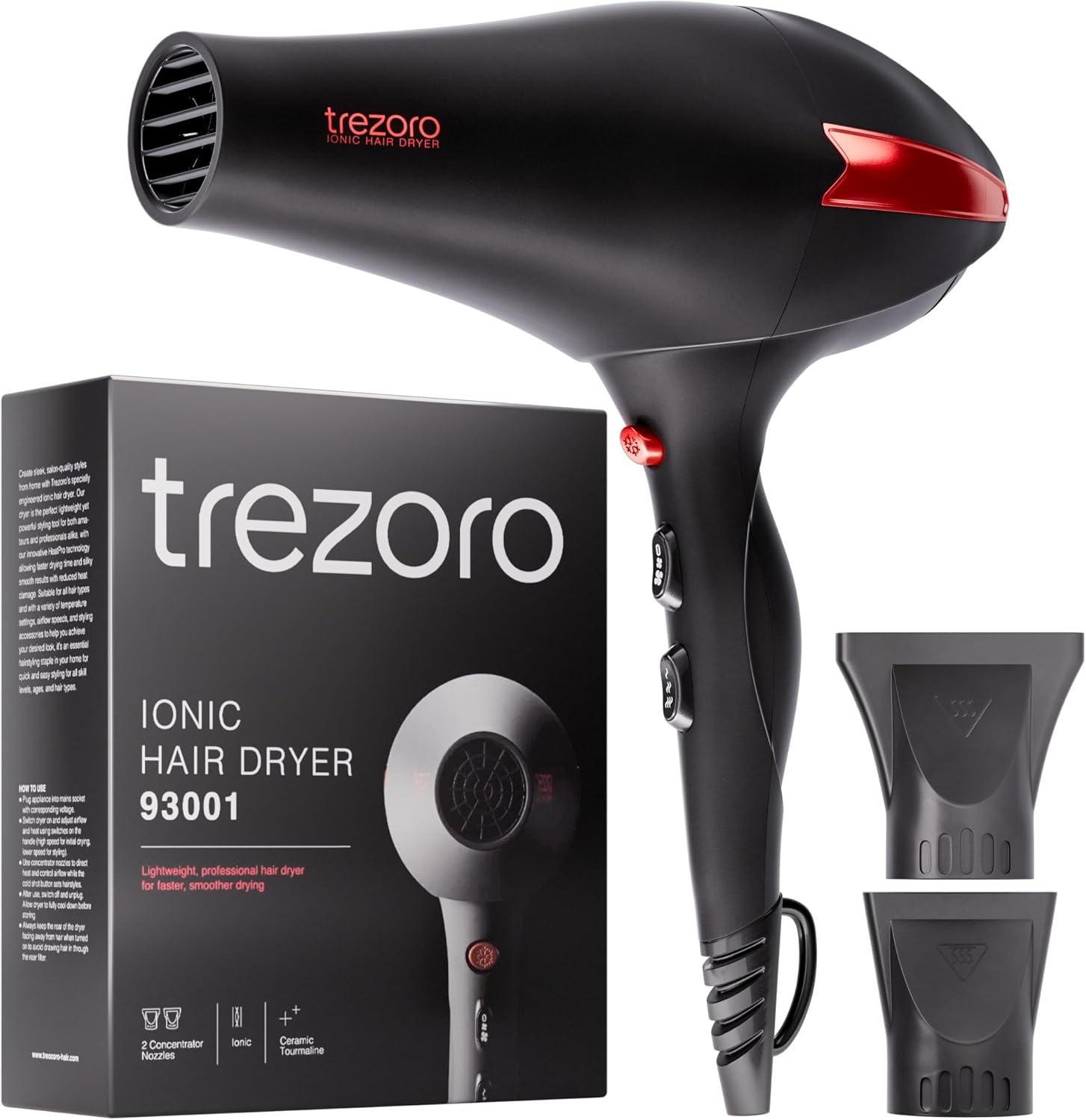 TREZORO professional ionic hair dryer front view in matte black finish
