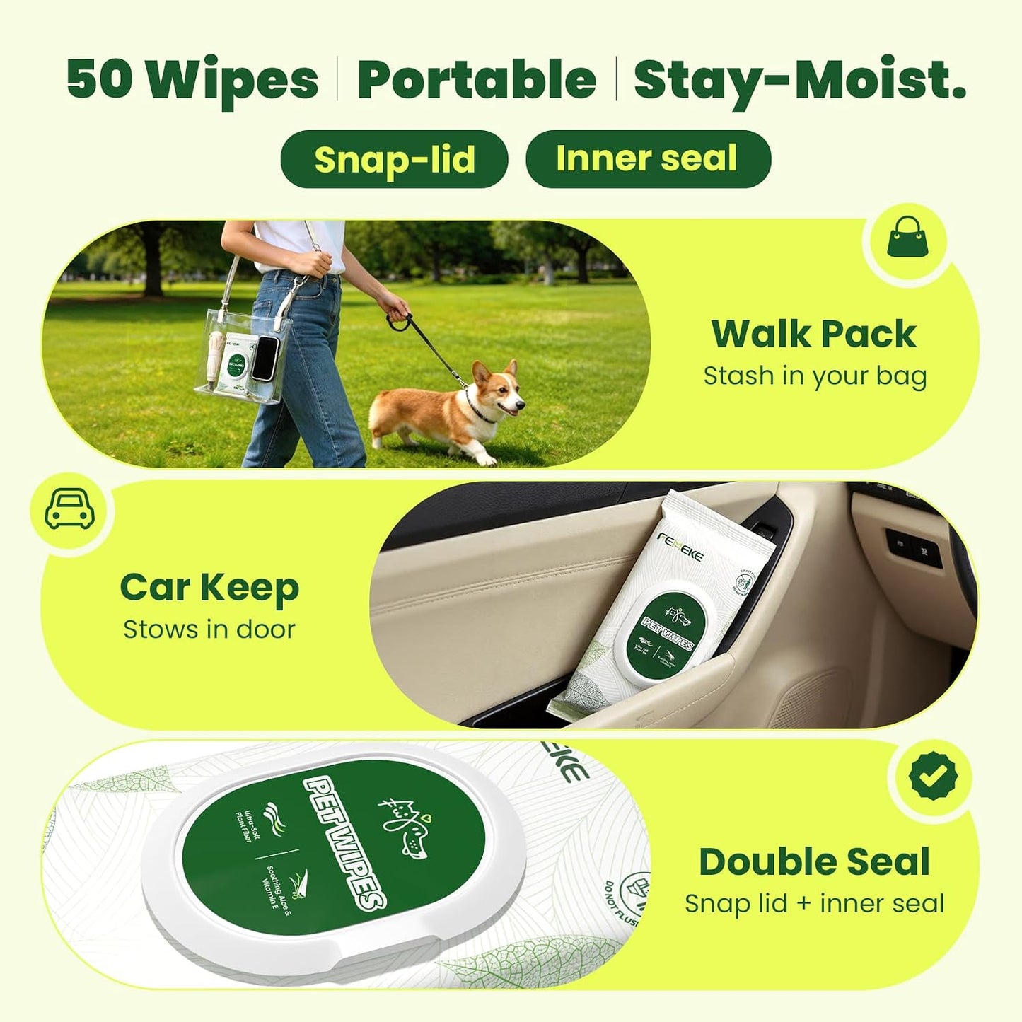 Secure flip top resealable lid packaging on the USA imported pet wipes bundle.