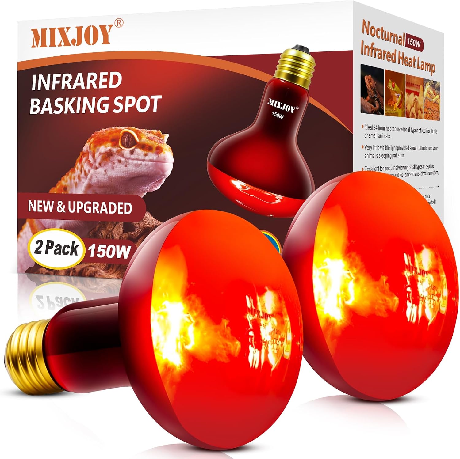 MIXJOY 150W Infrared Heat Lamp Bulbs front view showing the 2 pack packaging and sprayed red glass.