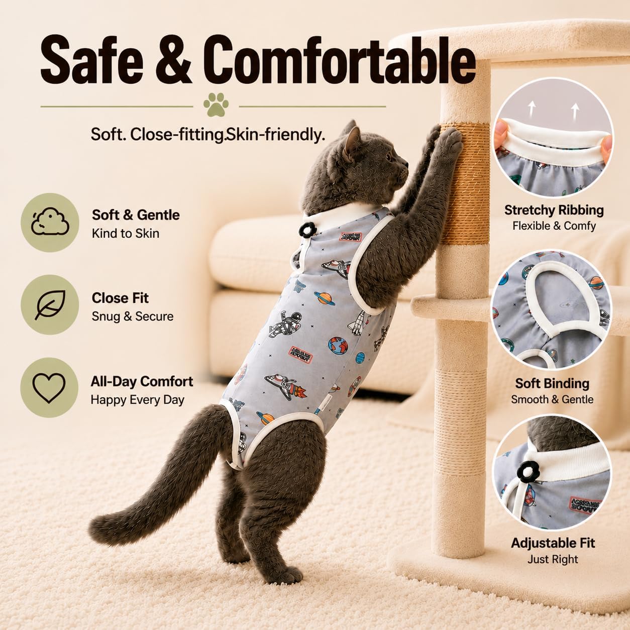 Avont cat spay suit showing Velcro back closure detail