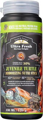 Aquatic turtle eating floating nutri stick pellets