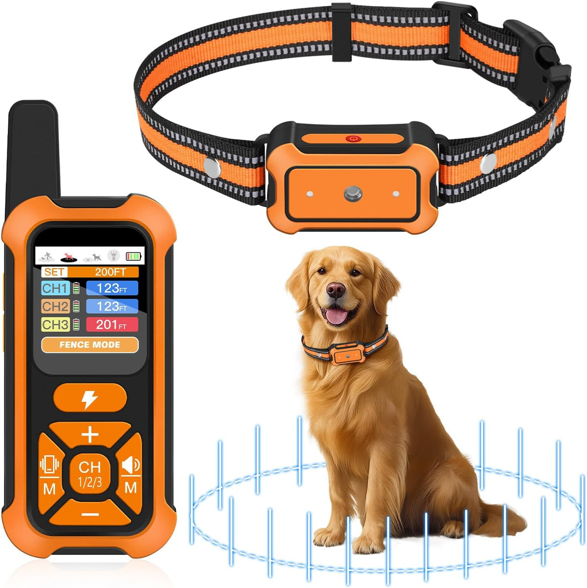LYZPET 3-in-1 wireless dog fence system front view showing the main transmitter unit and the high-visibility orange collar.