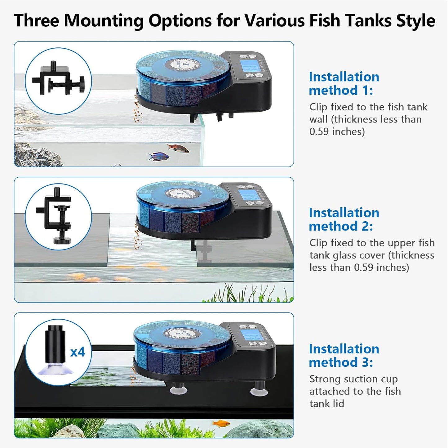 Fishkeeper rechargeable fish feeder side view displaying the adjustable tank clamp.