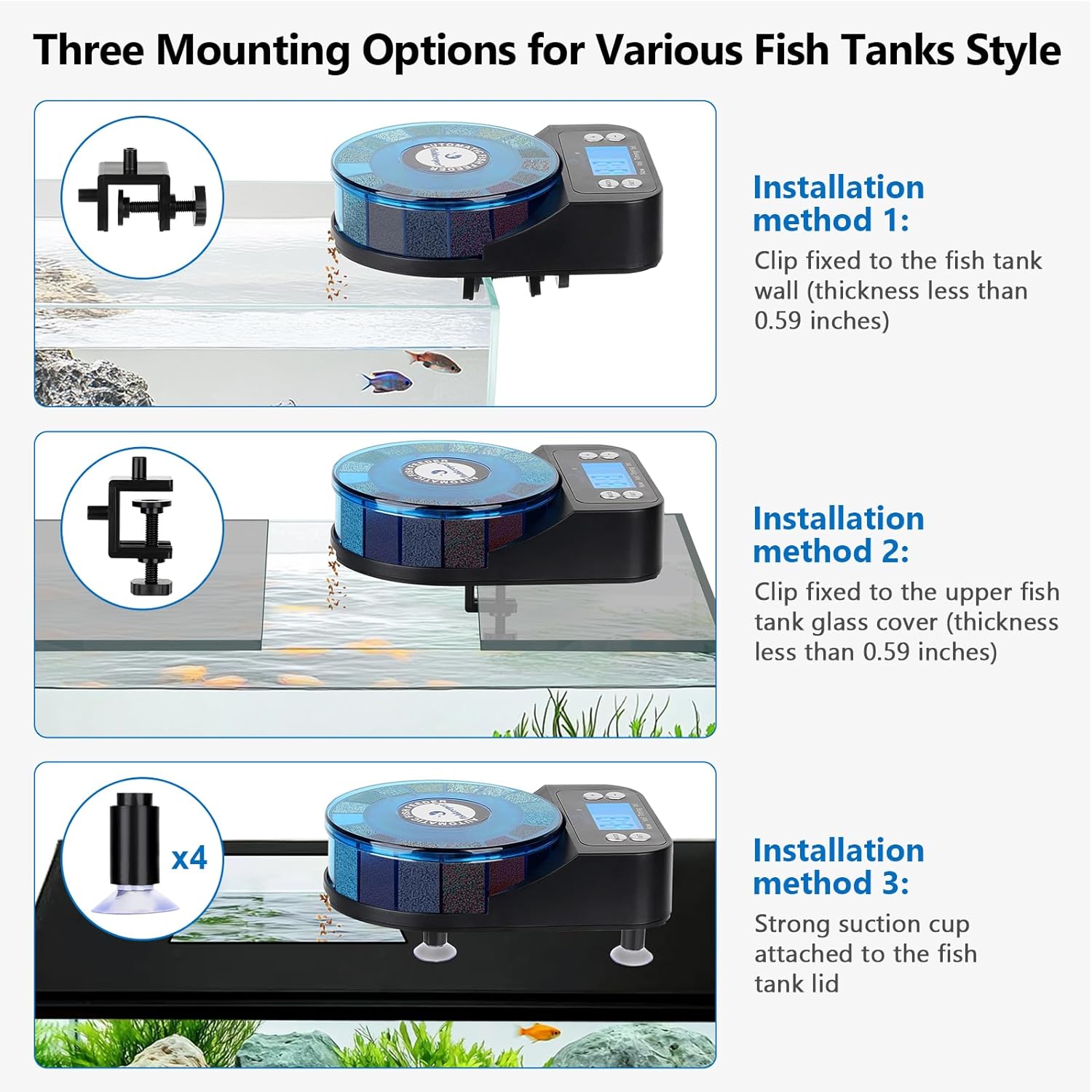 Fishkeeper rechargeable fish feeder side view displaying the adjustable tank clamp.