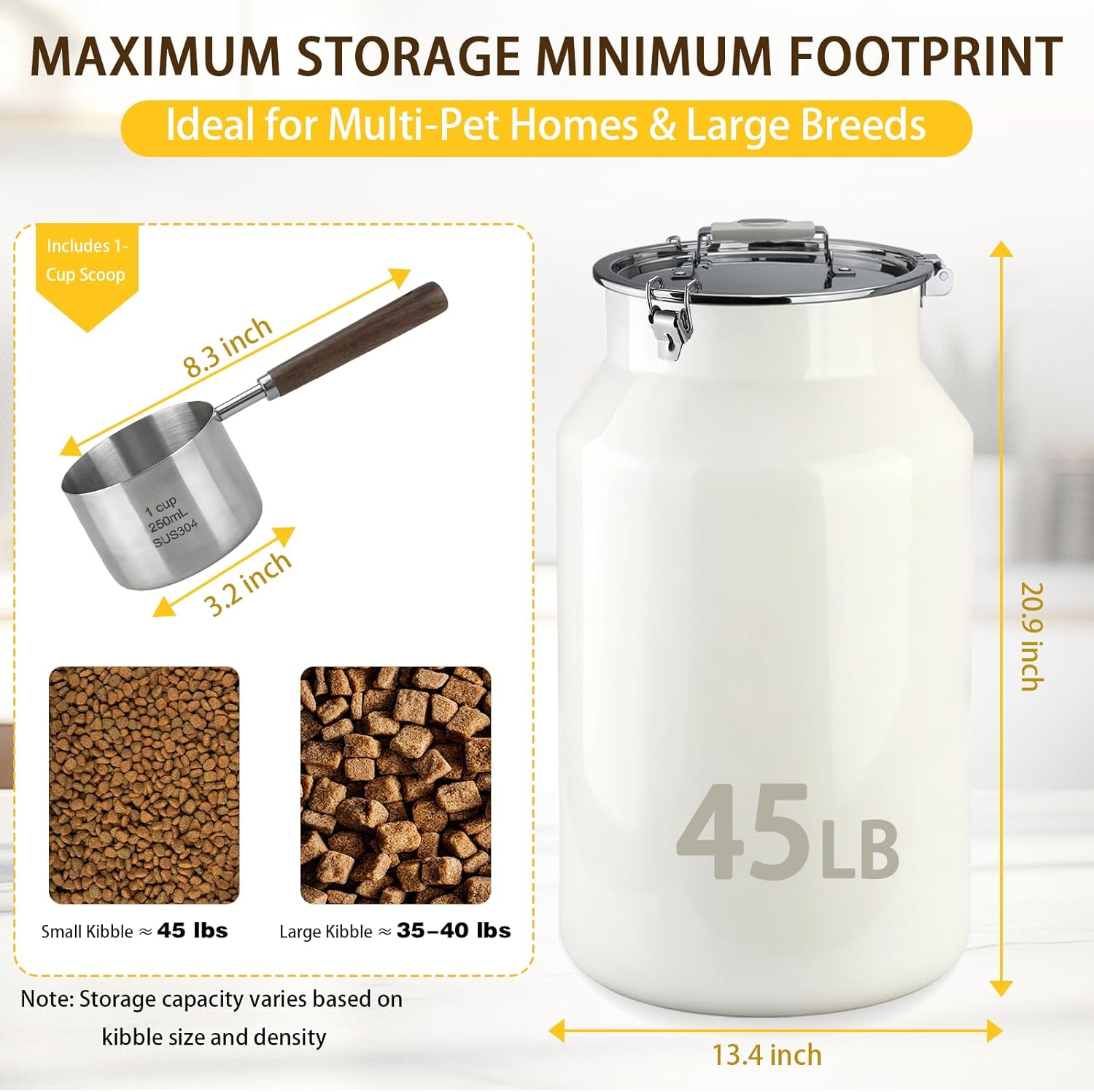 Stainless steel pet food container with walnut handle scoop