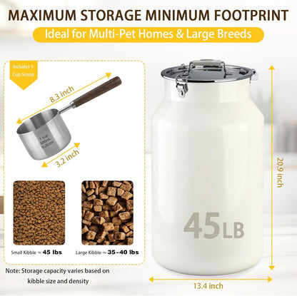 Stainless steel pet food container with walnut handle scoop