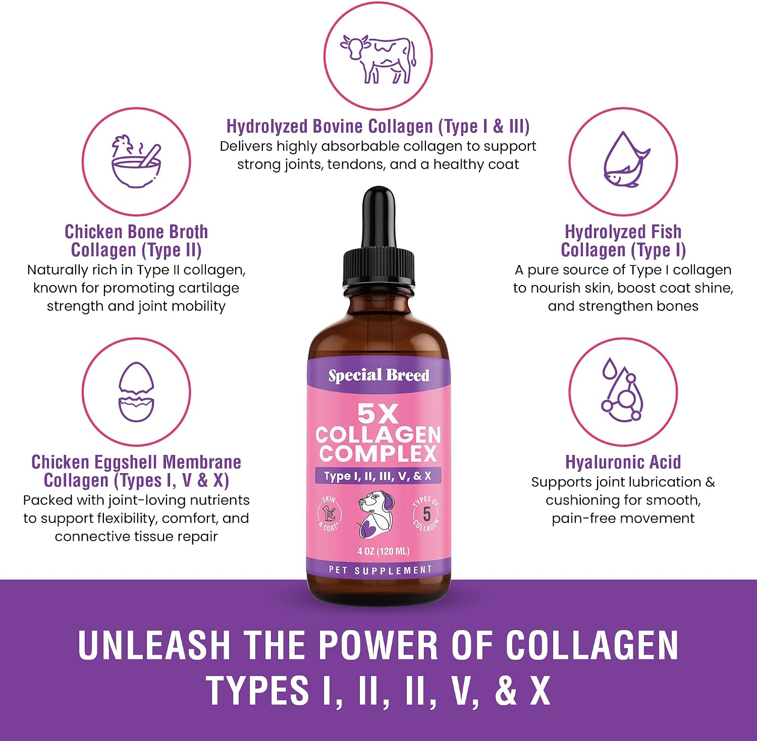 Imported USA multi collagen dog supplement ingredient facts highlighting five collagen types