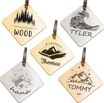 Anavia Outdoor Theme Pet ID Tag front view showing diamond shape and mountain engraving.