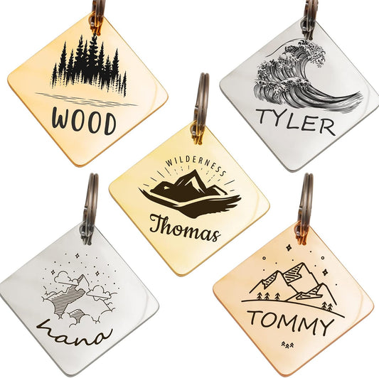 Anavia Outdoor Theme Pet ID Tag front view showing diamond shape and mountain engraving.