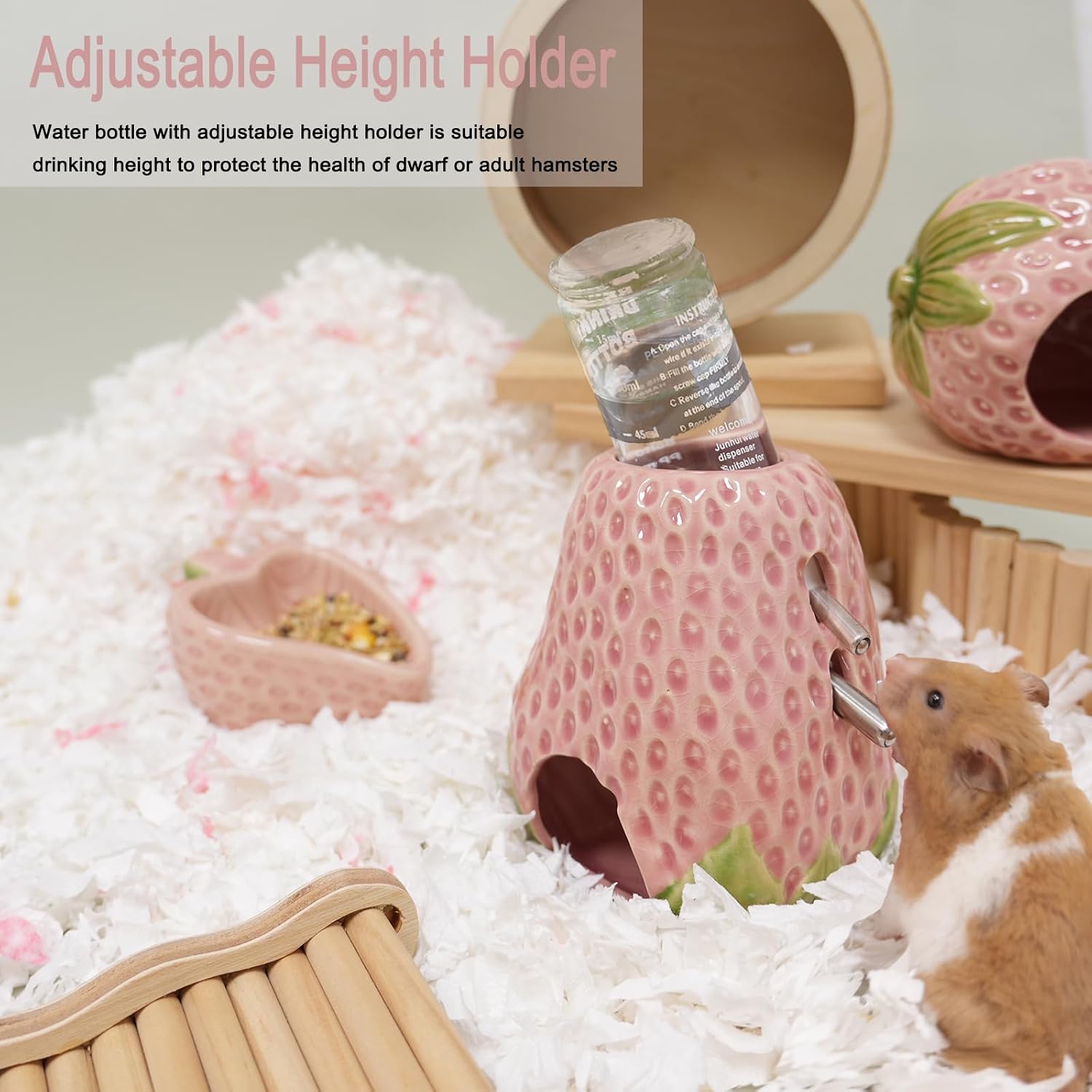 Hamster Water Bottle, Strawberry Ceramic Hamster Gerbil Water Bottle for Glass Tank, Dispenser, 80ML Bottle for Water Holder Stand with 2 No Drip Caps for Syrian Mice, GerbilPink - Image 2