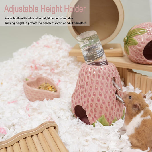 Hamster Water Bottle, Strawberry Ceramic Hamster Gerbil Water Bottle for Glass Tank, Dispenser, 80ML Bottle for Water Holder Stand with 2 No Drip Caps for Syrian Mice, GerbilPink - Image 2