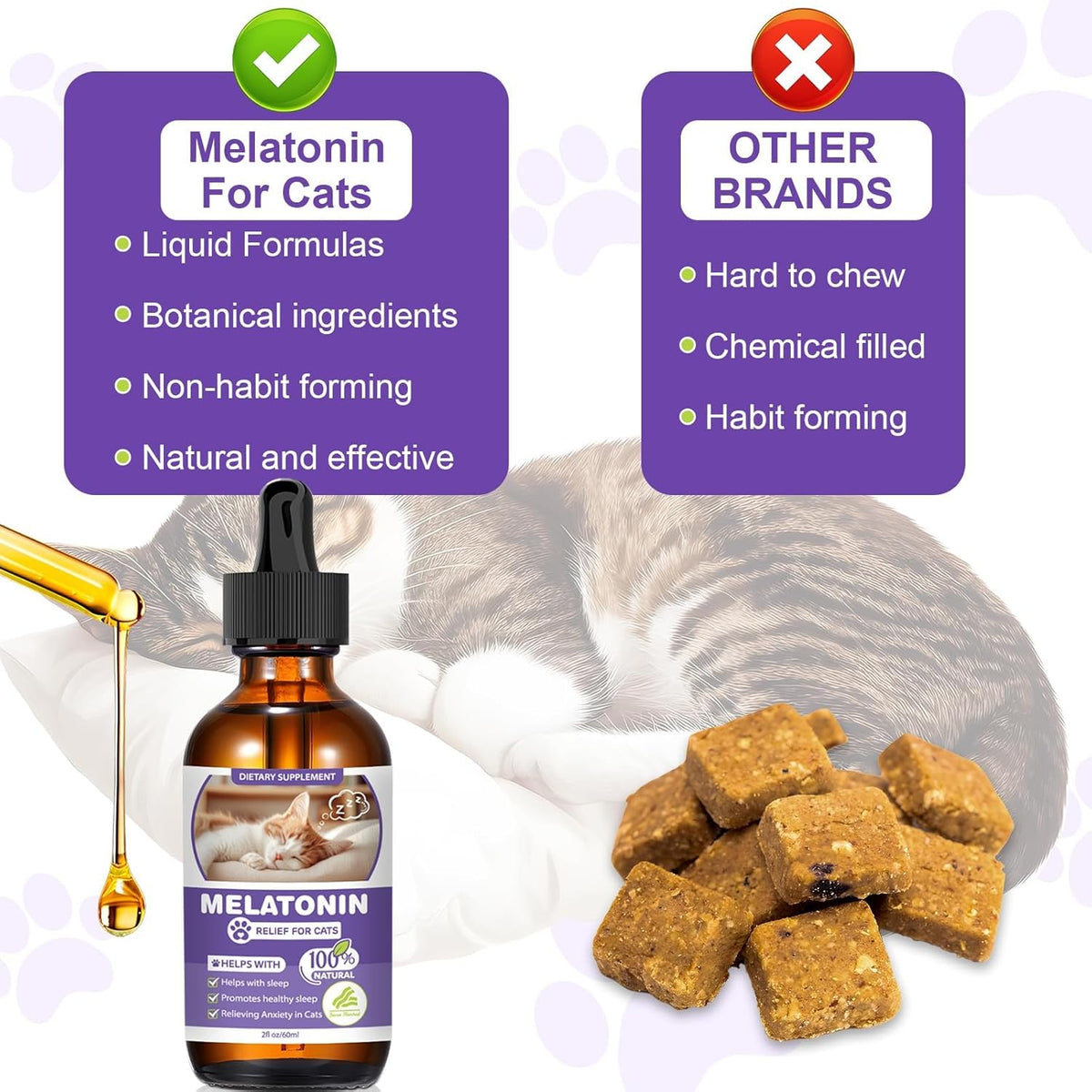 Bacon-flavored cat sleep aid bottle demonstrating ease of mixing with pet food