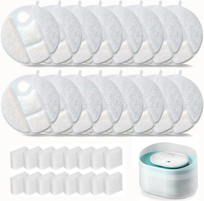 Oupuses replacement filters and sponges for Petlibro Capsule fountain front view.