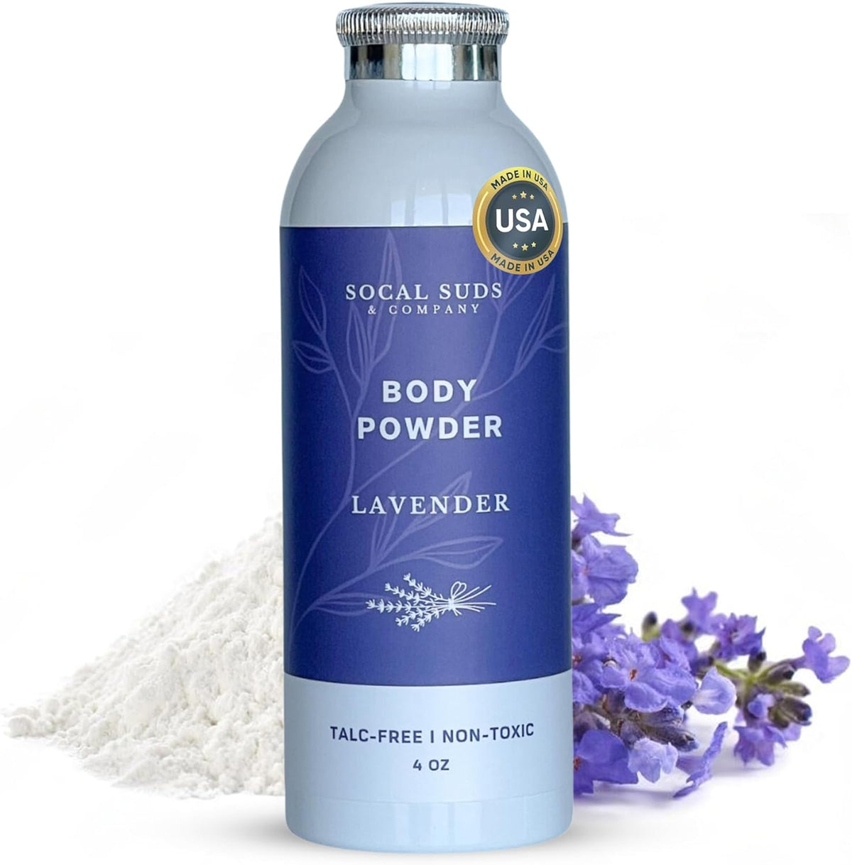 SoCal Suds & Company Natural Lavender Body Powder front view for skin dryness.