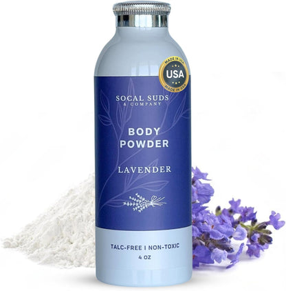 SoCal Suds & Company Natural Lavender Body Powder front view for skin dryness.