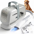 Larkon pet grooming vacuum kit front view featuring the main white suction unit and hose attachment.