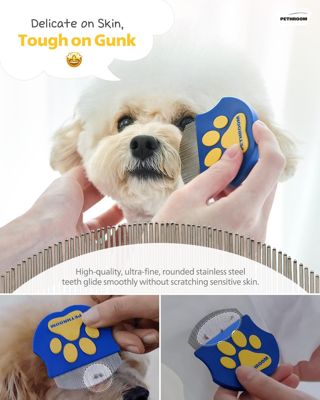 Pethroom eye comb removing tear stains from a dog